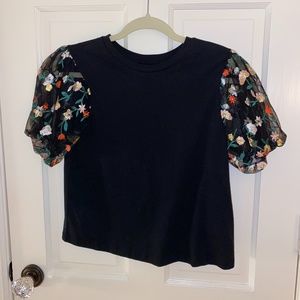 ASOS Black Top Mesh Embroidered Puff Sleeve Top